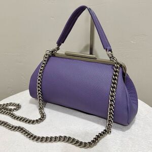 Purple Pebble Calfskin Leather Handmade Push Lock Baguette Bag, Multi Use Style